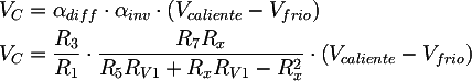 Latex: 
  V_{C} &= \alpha_{diff} \cdot \alpha_{inv} \cdot \left( V_{caliente} - V_{frio} \right) \\
	V_{C} &= \frac{R_{3}}{R_{1}} \cdot \frac{R_{7} R_x}{R_{5}R_{V1} + R_x R_{V1} - R_x^2} \cdot \left( V_{caliente} - V_{frio} \right)
