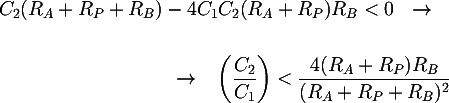 Latex: C_2 ( R_A+R_P + R_B)  - 4 C_1 C_2 (R_A+R_P) R_B < 0 ~~\rightarrow~~ \\\\ ~~\rightarrow~~\left(\dfrac{C_2}{C_1}\right) <  \dfrac{ 4 (R_A + R_P)R_B}{(R_A + R_P + R_B)^2}