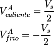 Latex: 
	& V_{caliente}^A  = \frac{V_{s}}{2} \\
  & V_{frio}^A = - \frac{V_{s}}{2}
